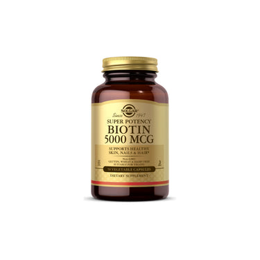 A dietary supplement bottle of Solgar Biotin 5000 mcg Super Potency 50 V Caps.